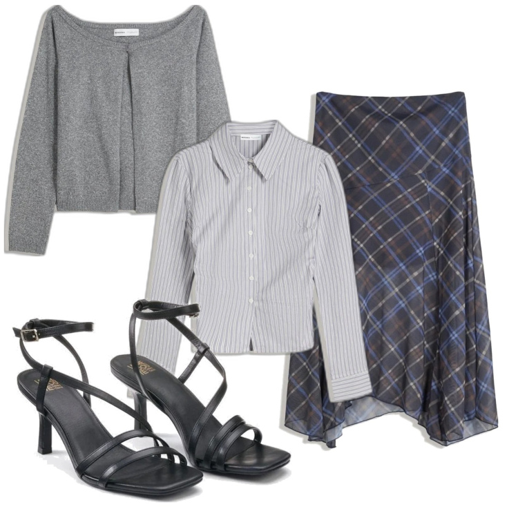 Outfit mujer - Preppy #555. Estilo Preppy para Oficina. Combinación con blazers, sandalias de tacón, camisas, falda longuette.