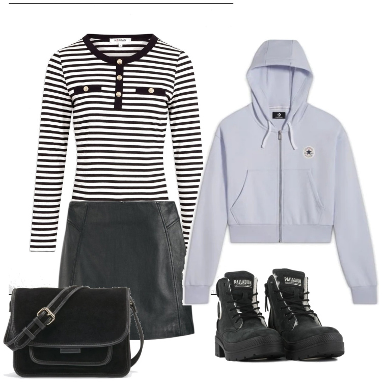 Outfit mujer - Preppy #556. Estilo Preppy para Todos los días. Combinación con camiseta, bandoleras, sudaderas con capucha, botas, minifaldas.