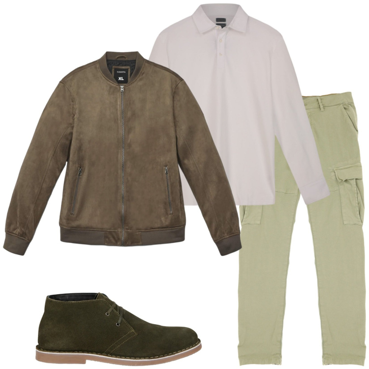 Outfit uomo - Si fa fresco. Stile Casual per Tutti i giorni. Abbinamento con giacche, pantaloni cargo, stivali e stivaletti, polo.