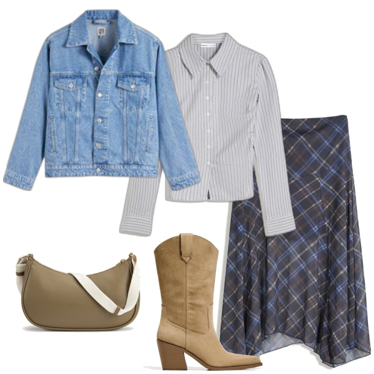 Outfit mujer - Casual chic #14263. Estilo Casual chic para Todos los días. Combinación con falda longuette, botines, camisas, bandoleras, blazers.