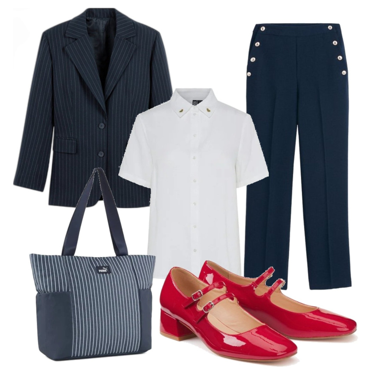 Outfit mujer - Mannish #635. Estilo Mannish para Oficina. Combinación con blazers, bailarinas, pantalones, bolso tote, camisas de manga corta.