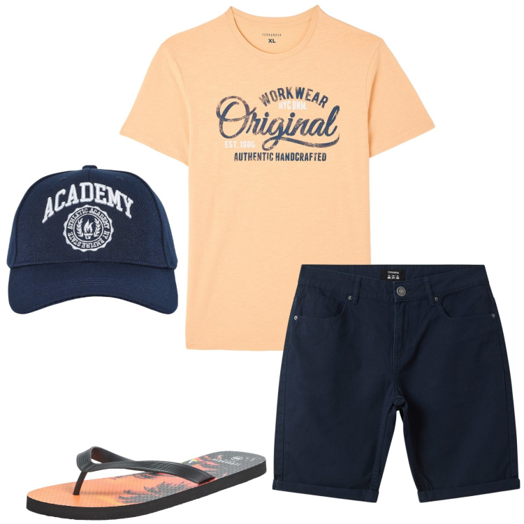 Outfit uomo - Passeggiata al mare. Stile Casual per Tutti i giorni. Abbinamento con t-shirt, sandali, cappelli con visiera, bermuda.