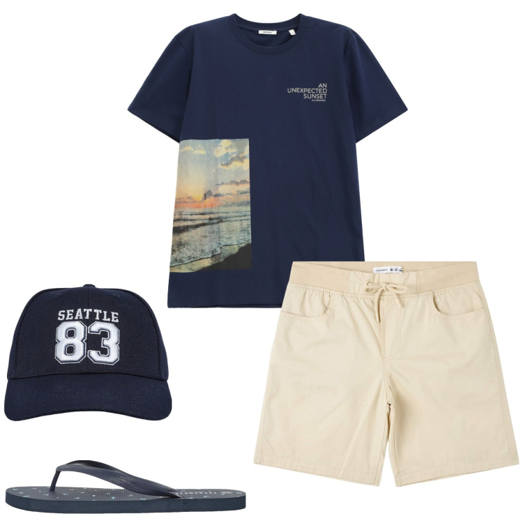 Outfit uomo - Holiday. Stile Casual per Tutti i giorni. Abbinamento con shorts, cappelli, sandali, t-shirt.