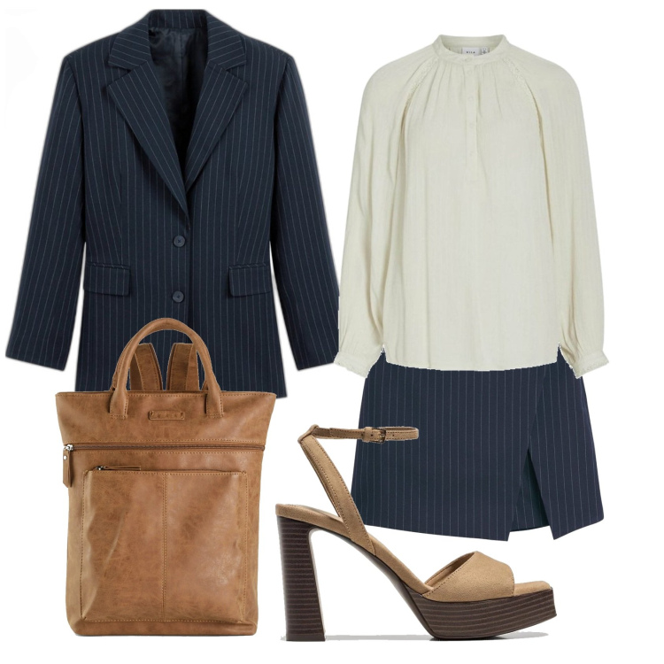 Outfit mujer - Casual chic #14266. Estilo Casual chic para Oficina. Combinación con mochilas, faldas, blusas, sandalias, blazers.