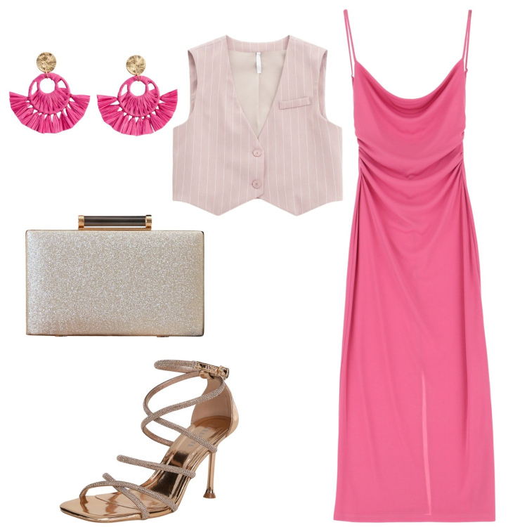 Outfit donna - Sere d\'estate. Stile Glamour per Serata fuori. Abbinamento con orecchini, sandali col tacco, clutch, gilet, vestiti.