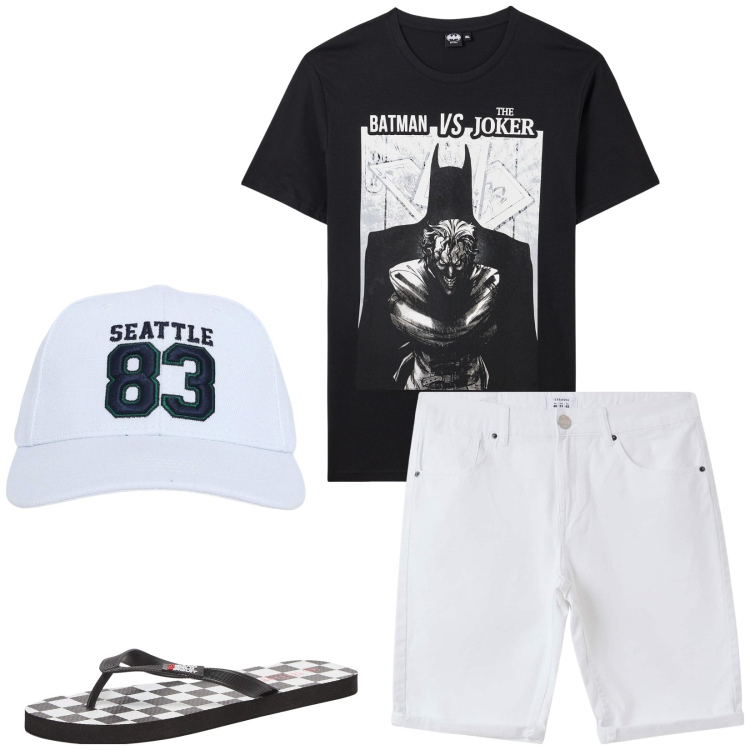 Outfit uomo - Summer in black and white. Stile Casual per Tutti i giorni. Abbinamento con sandali, t-shirt, cappelli, bermuda.
