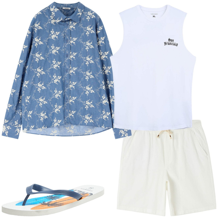 Outfit uomo - Casual chic. Stile Trendy per Tutti i giorni. Abbinamento con shorts, sandali, canottiere, camicie.