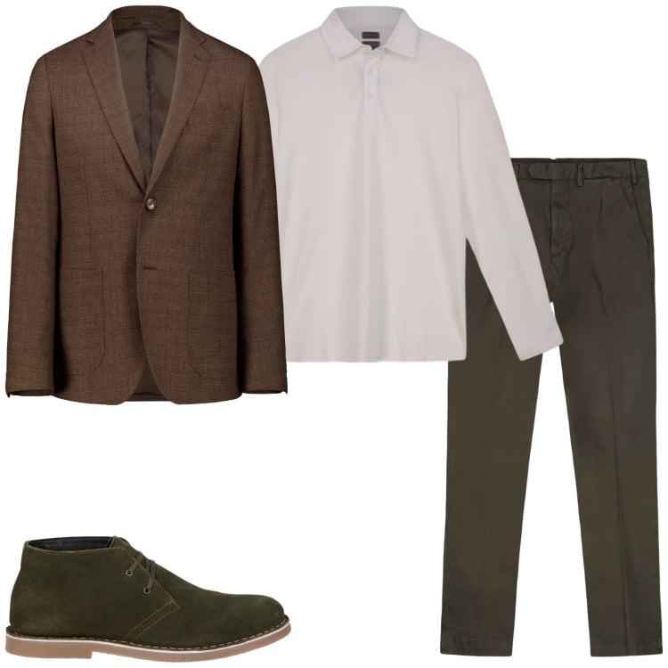 Outfit uomo - Ufficio in autunno. Stile Casual per Ufficio. Abbinamento con pantaloni, giacche, stivali e stivaletti, polo.
