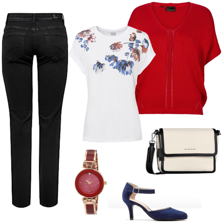Outfit femme - Coraline. Style Casual chic pour Bureau. Assortir avec pulls, chaussures à talon, t-shirts, jean coupe droite, sacs en bandoulière, montres.