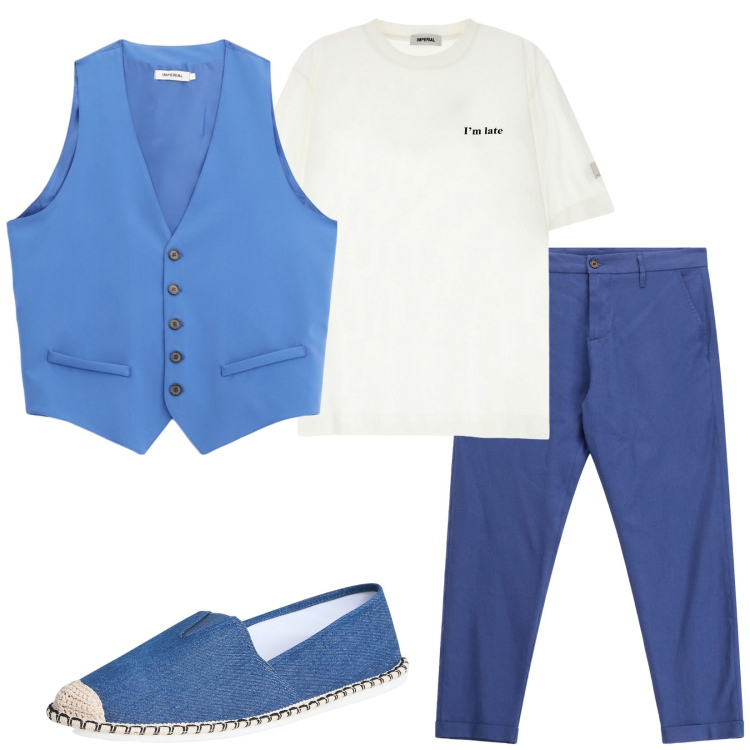Outfit uomo - Total look #2234989. Stile Trendy per Serata speciale. Abbinamento con espadrillas, t-shirt, gilet, pantaloni.