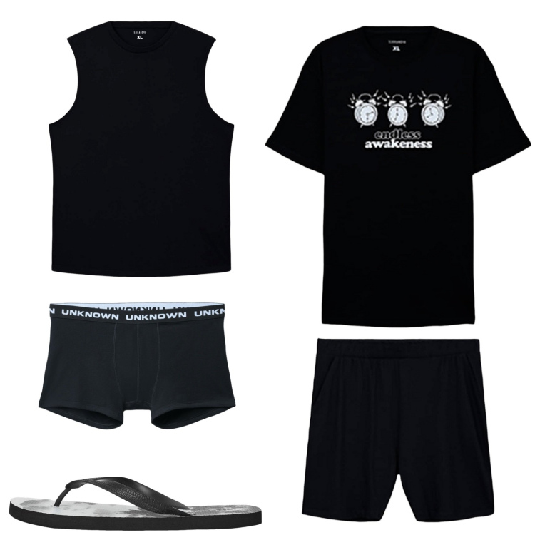 Outfit uomo - Buona notte. Stile Casual per Tutti i giorni. Abbinamento con sandali, canottiere, boxer, abbigliamento da notte.