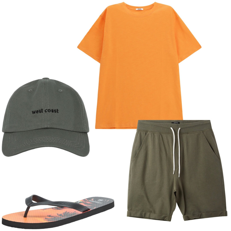 Outfit uomo - Orange and green. Stile Casual per Tutti i giorni. Abbinamento con sandali, pantaloni corti, cappelli con visiera, t-shirt.