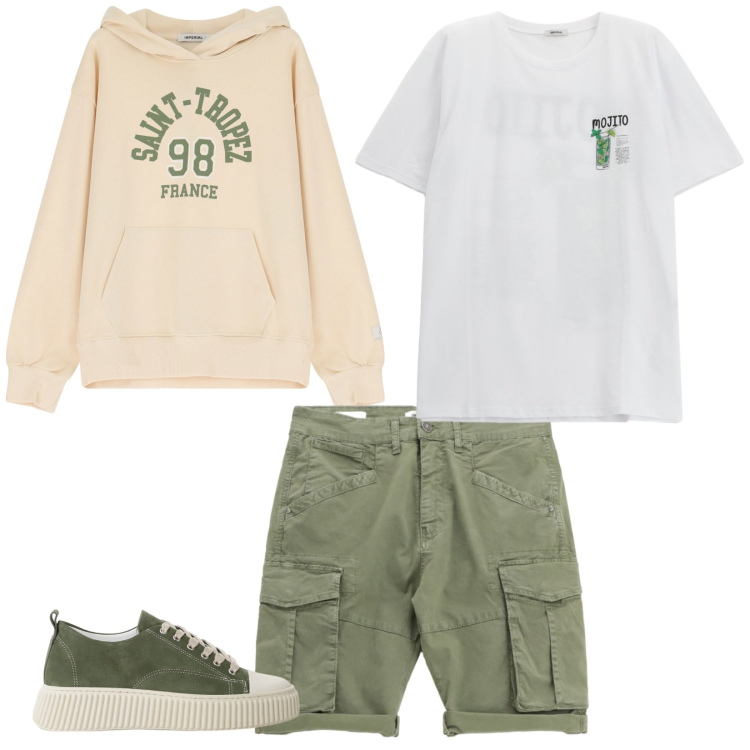 Outfit uomo - Moijto party. Stile Casual per Tutti i giorni. Abbinamento con sneakers, felpe con cappuccio, bermuda, t-shirt.