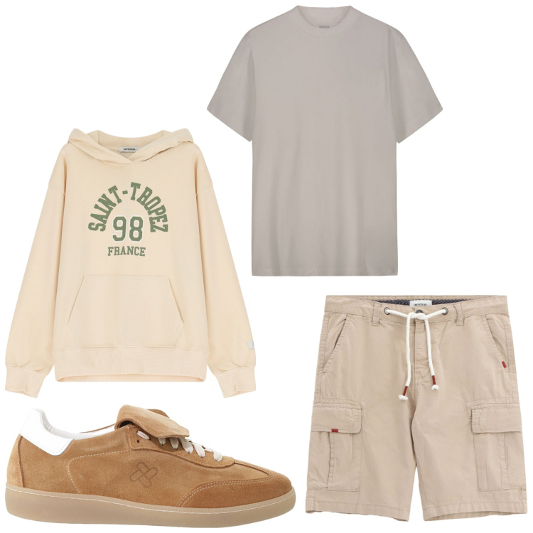 Outfit uomo - Aspetto settembre. Stile Casual per Tutti i giorni. Abbinamento con bermuda, sneakers, felpe con cappuccio, t-shirt.