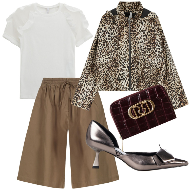 Outfit donna - Savana in città. Stile Glamour per Ufficio. Abbinamento con décolleté, portafogli, parka, t-shirt, bermuda.