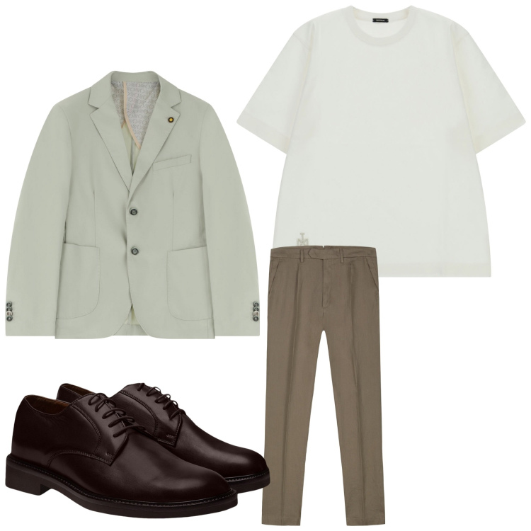 Outfit uomo - Buon lavoro. Stile Business/Elegante per Ufficio. Abbinamento con giacche, t-shirt, scarpe stringate, pantaloni.