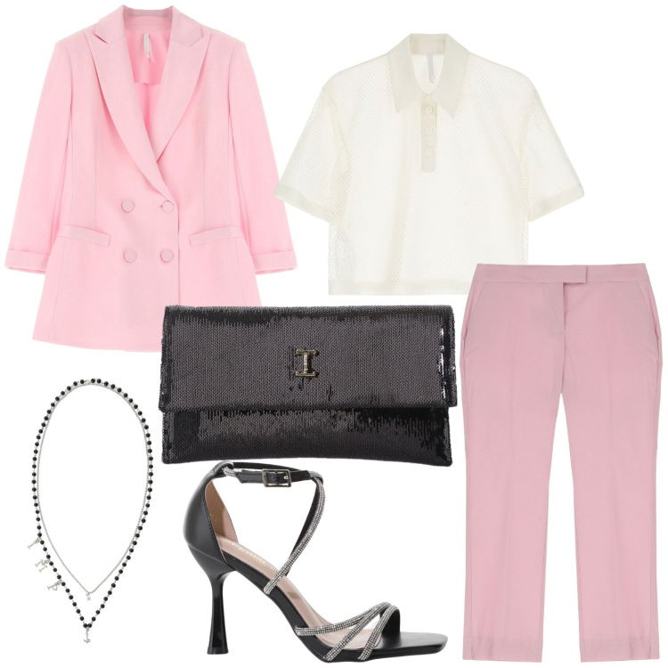 Outfit donna - Cerimonia. Stile Chic per Cerimonia. Abbinamento con pantaloni, t-shirt, sandali col tacco, borse a tracolla, collane, blazer.