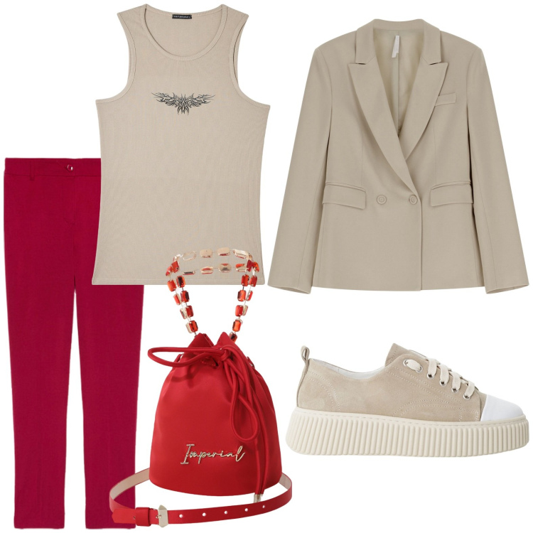 Outfit donna - Riunione informale al lavoro. Stile Glamour per Ufficio. Abbinamento con canottiere, borse a secchiello, sneakers, blazer, pantaloni chino.