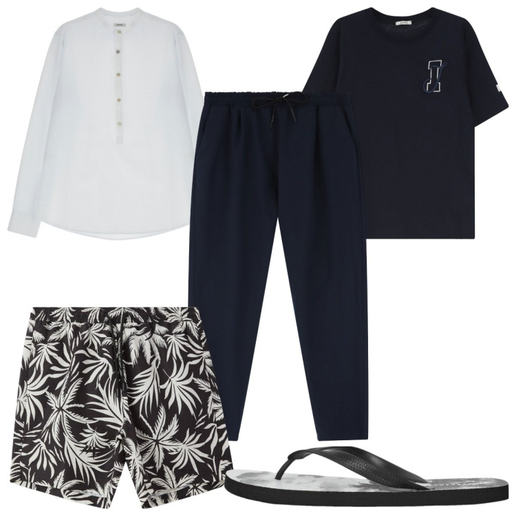 Outfit uomo - Total look #2235056. Stile Trendy per Mare. Abbinamento con sandali, costumi, pantaloni, t-shirt, camicie.