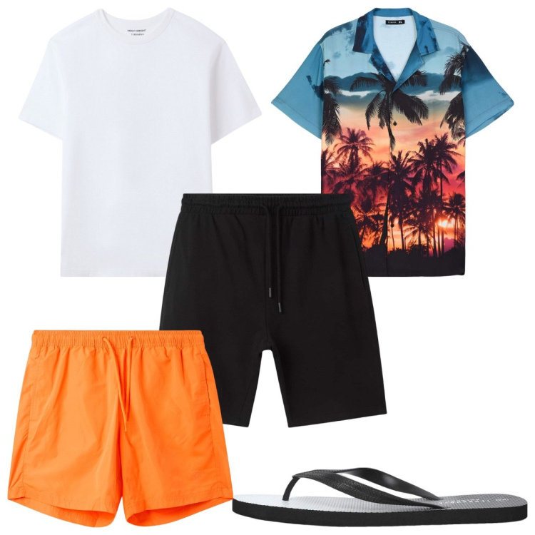 Outfit uomo - Total look #2235064. Stile Trendy per Mare. Abbinamento con t-shirt, sandali, camicie a manica corta, costumi, bermuda.