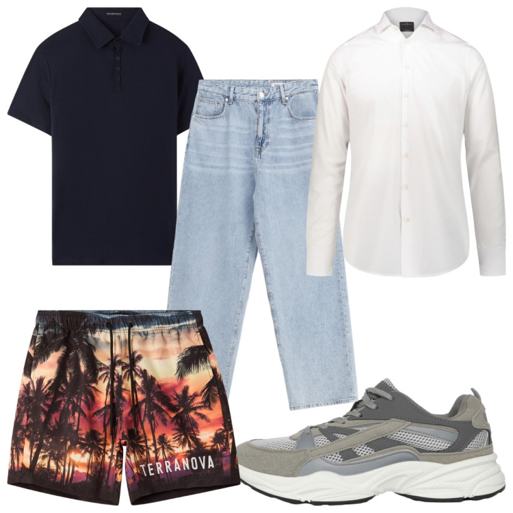 Outfit uomo - Total look #2235065. Stile Trendy per Mare. Abbinamento con sneakers, polo, costumi, jeans, camicie.