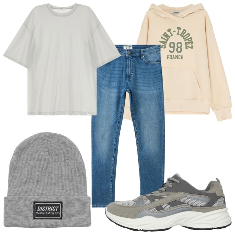 Outfit uomo - Total look #2235067. Stile Casual per Tutti i giorni. Abbinamento con jeans skinny, sneakers, berretti, t-shirt, felpe con cappuccio.