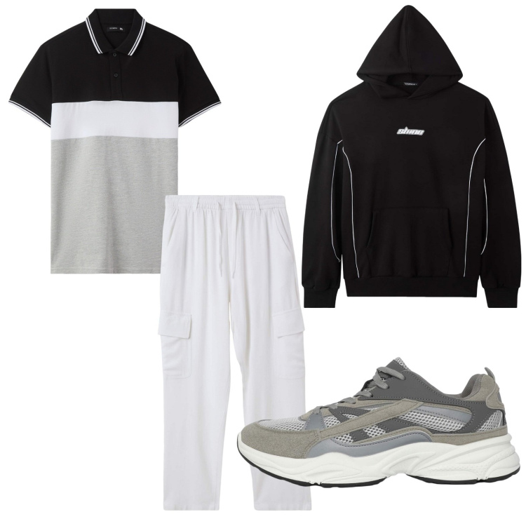 Outfit uomo - Look casual. Stile Casual per Sport. Abbinamento con felpe con cappuccio, polo, pantaloni cargo, sneakers.
