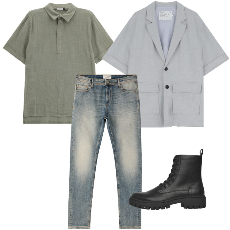 Outfit uomo - Uscita informale. Stile Casual per Tutti i giorni. Abbinamento con anfibi, jeans skinny, giacche, polo.