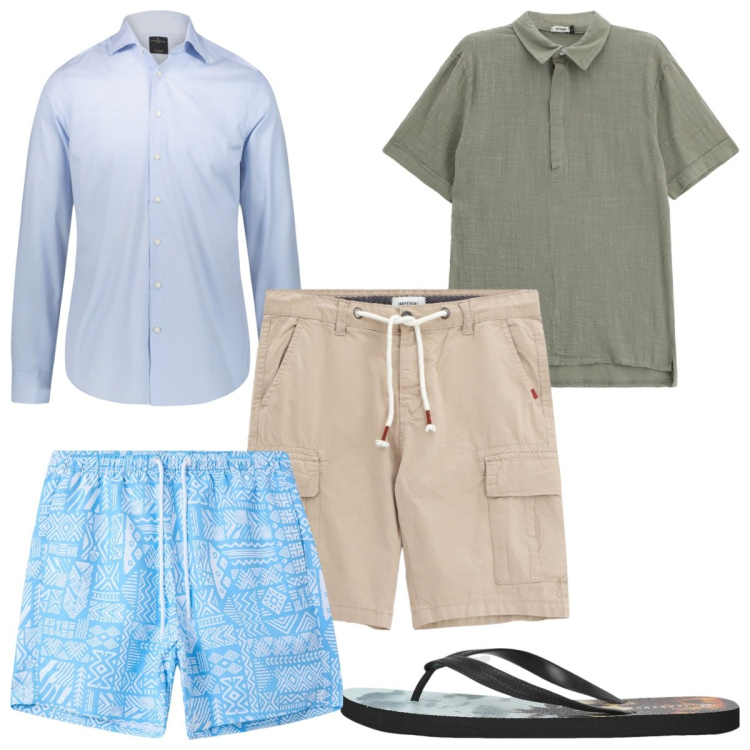 Outfit uomo - Total look #2235077. Stile Trendy per Mare. Abbinamento con sandali, costumi, bermuda, polo, camicie.