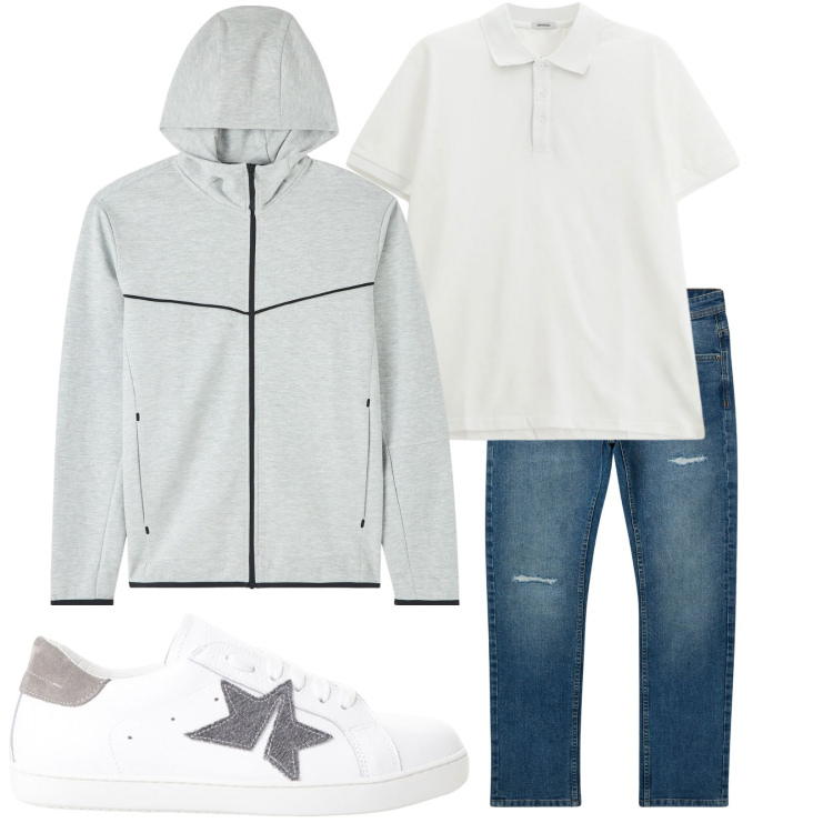 Outfit uomo - Total look #2235095. Stile Casual per Tutti i giorni. Abbinamento con felpe con cappuccio, jeans strappati, sneakers, polo.