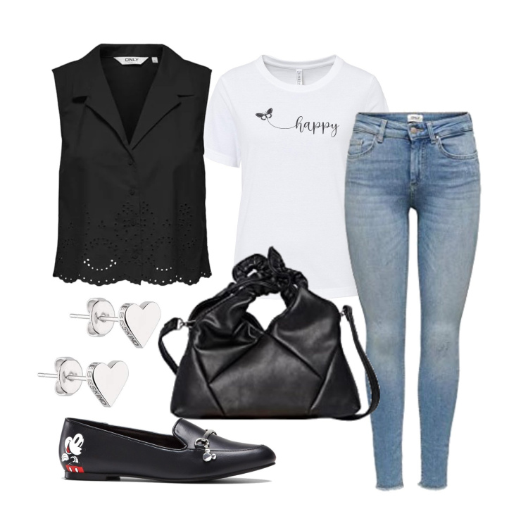 Outfit femme - Août. Style Tendance pour Tous les jours. Assortir avec t-shirts, mocassins, t-shirts, sacs en bandoulière, jean skinny, boucles d'oreilles.