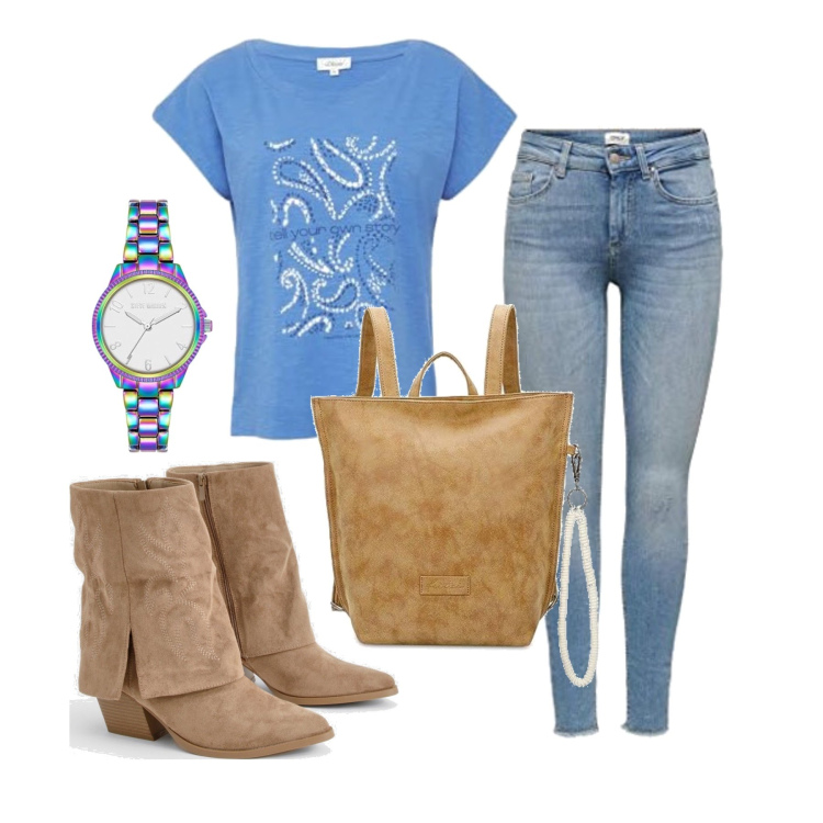 Outfit femme - Août. Style Casual pour Tous les jours. Assortir avec bottes, sacs à dos, jean skinny, montres analogiques, t-shirts.
