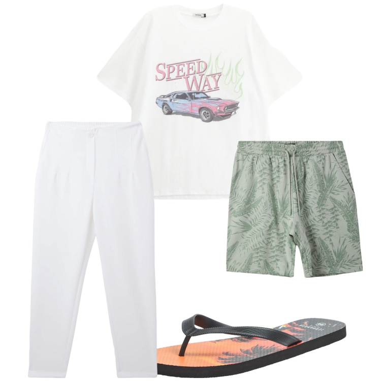 Outfit uomo - Total look #2235122. Stile Casual per Mare. Abbinamento con sandali, pantaloni chino, costumi, t-shirt.