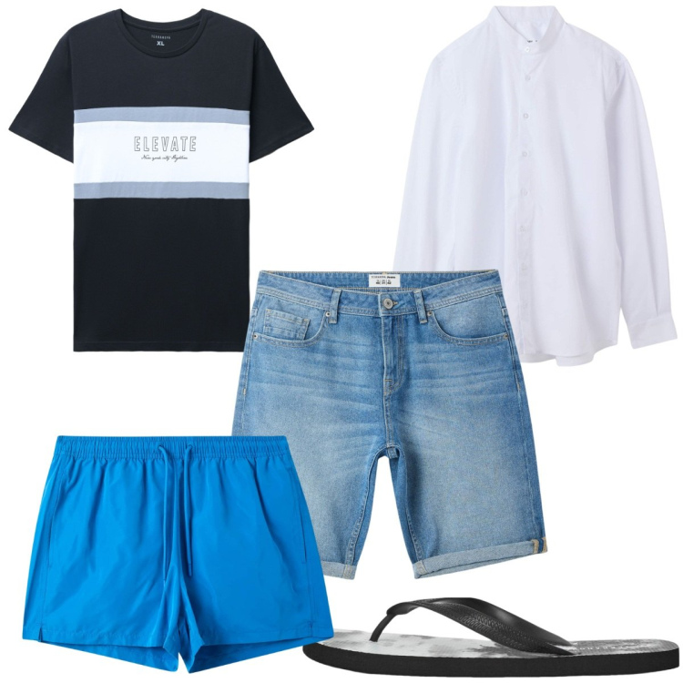 Outfit uomo - Total look #2235125. Stile Trendy per Mare. Abbinamento con bermuda, camicie, costumi, sandali, t-shirt.