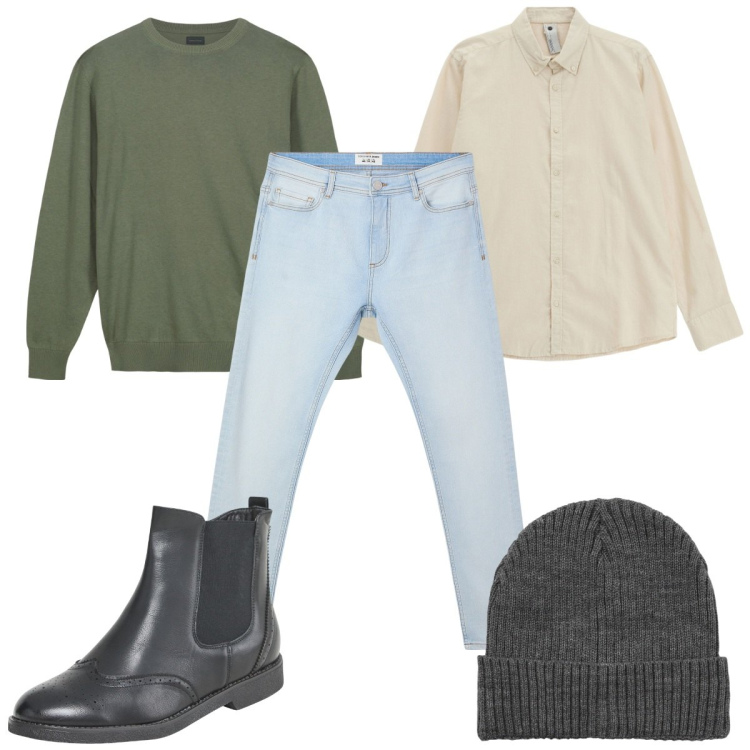 Outfit uomo - Total look #2235127. Stile Casual per Tutti i giorni. Abbinamento con stivali e stivaletti, jeans skinny, berretti, camicie, maglieria.