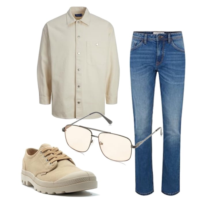 Outfit homme - Août. Style Casual pour Tous les jours. Assortir avec lunettes de soleil, chemisiers, jean slim, chaussures à lacets.