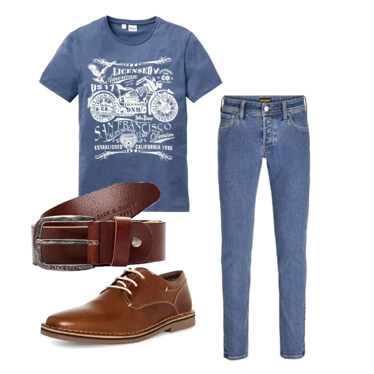 Outfit homme - Août. Style Casual pour Bureau. Assortir avec t-shirts, ceintures, chaussures à lacets, jeans.