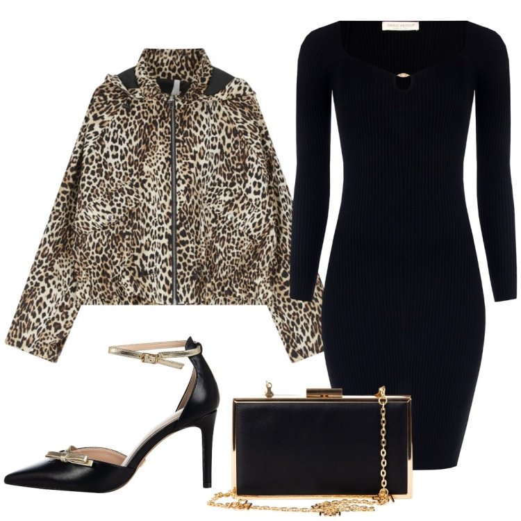 Outfit donna - Serata evento. Stile Chic per Serata fuori. Abbinamento con décolleté, pochette, vestiti a tubino, parka.