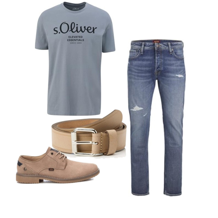 Outfit homme - Août. Style Casual pour Bureau. Assortir avec ceintures, jeans, t-shirts, chaussures à lacets.