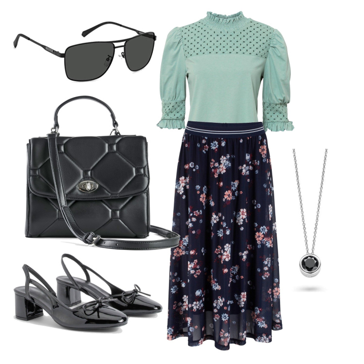 Outfit femme - Août. Style Tendance pour Tous les jours. Assortir avec t-shirts, jupes longues, sacs à main, lunettes de soleil, ballerines, colliers.