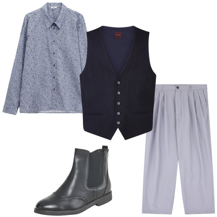 Outfit uomo - Dandy 2025. Stile Casual per Ufficio. Abbinamento con stivali e stivaletti, pantaloni, camicie, gilet.