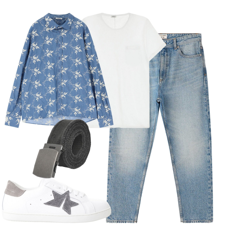 Outfit uomo - Agosto. Stile Casual per Tutti i giorni. Abbinamento con jeans dritti, cinture, camicie, sneakers, t-shirt.