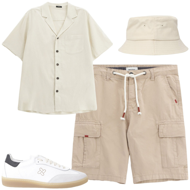 Outfit uomo - Agosto. Stile Casual per Tutti i giorni. Abbinamento con cappelli, sneakers, bermuda, camicie a manica corta.