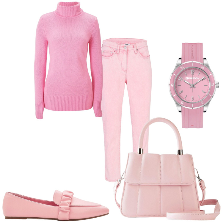 Outfit donna - Totale in rosa. Stile Trendy per Tutti i giorni. Abbinamento con maglieria, pantaloni, mocassini, borse a tracolla, orologi.