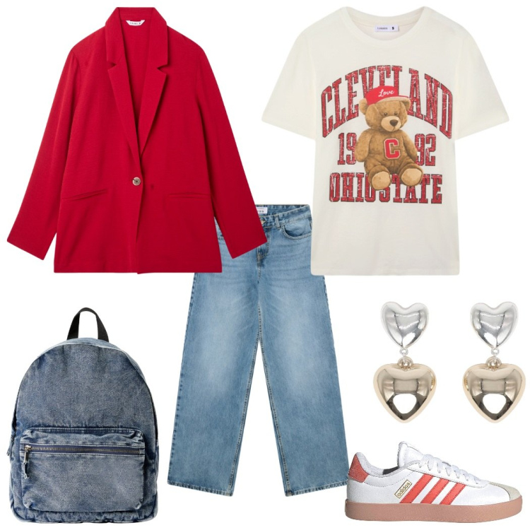 Outfit donna - Blazer rosso. Stile Urban per Scuola/Università. Abbinamento con blazer, t-shirt, jeans boyfriend, orecchini, zaini, sneakers.