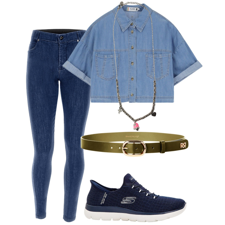 Outfit donna - Back to..... routine. Stile Trendy per Tutti i giorni. Abbinamento con sneakers, cinture, camicie a manica corta, ciondoli, jeans skinny.