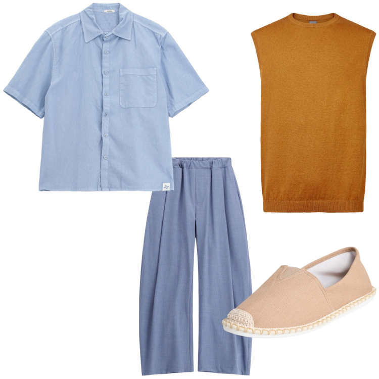 Outfit uomo - Guardaroba azzurro polvere. Stile Casual per Tutti i giorni. Abbinamento con espadrillas, pantaloni, camicie, gilet.