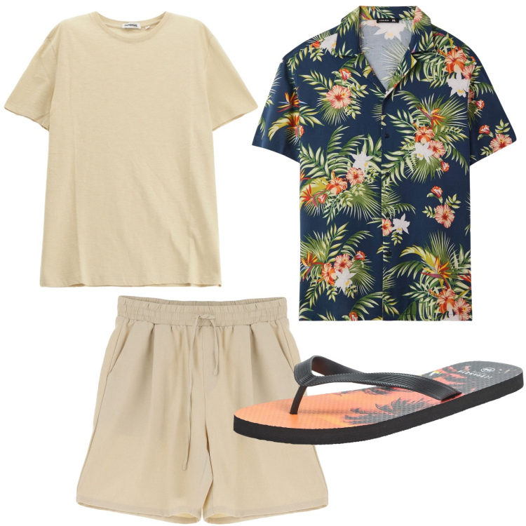 Outfit uomo - Party hawaiano. Stile Casual per Mare. Abbinamento con sandali, camicie a manica corta, bermuda, t-shirt.