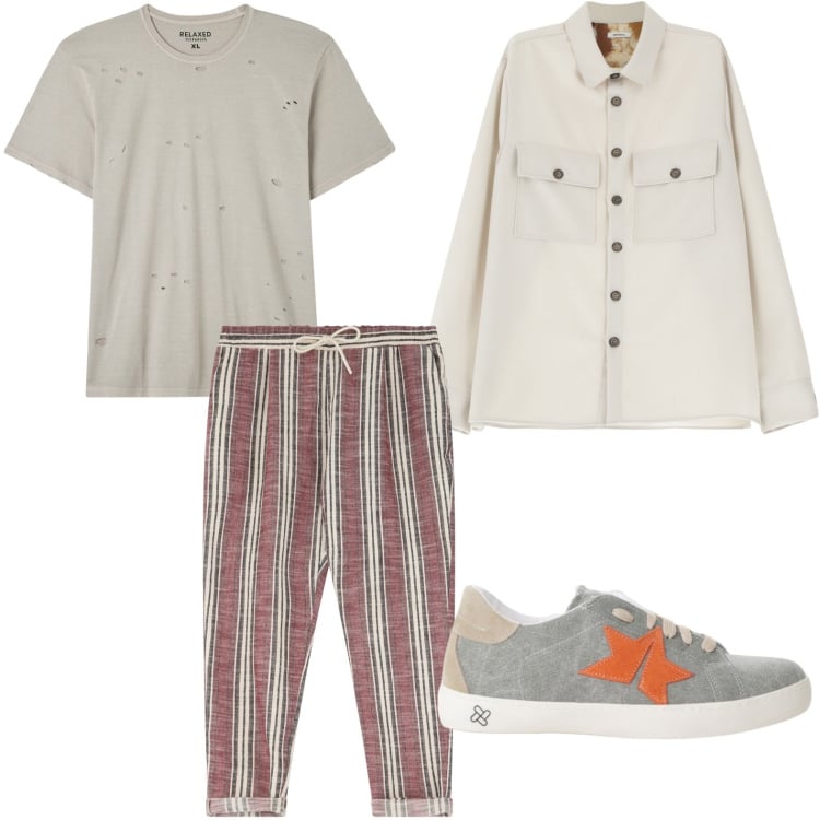 Outfit uomo - Vestibilità a righe. Stile Casual per Tutti i giorni. Abbinamento con t-shirt, pantaloni, camicie, sneakers.