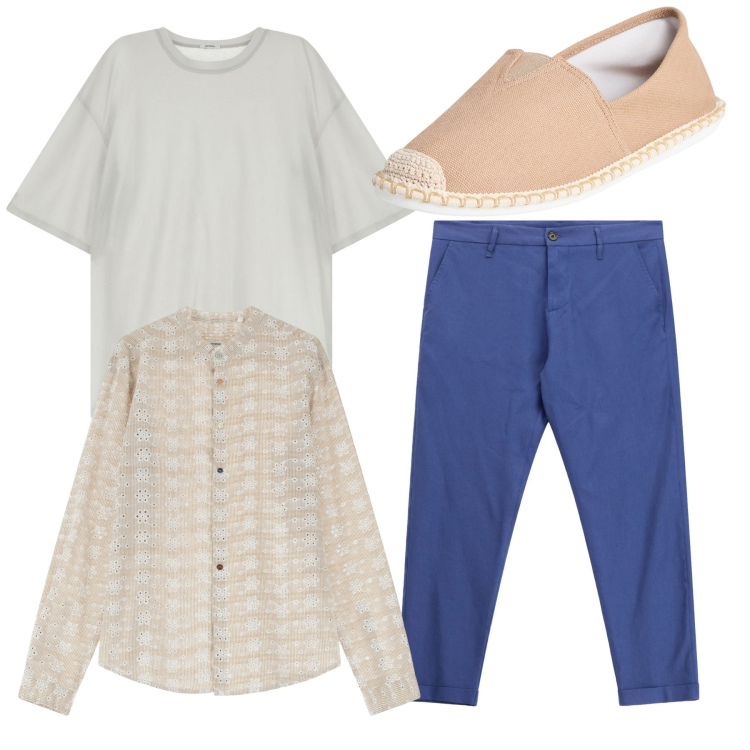 Outfit uomo - Total look. Stile Trendy per Tutti i giorni. Abbinamento con espadrillas, t-shirt, camicie, pantaloni.